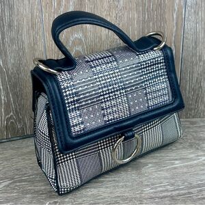 Madden NYC Houndstooth Plaid Top Handle Bag w/Chain strap & Silver Ring Accent
